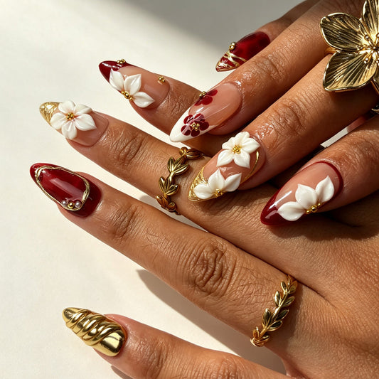 Blush Bloom handmade almond press on nails, elegant burgundy ombre 3D flower bridal nail art on hand
