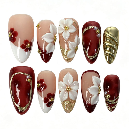 Handmade almond press on nails, sheer nude burgundy ombre 3D white flower gold wire bridal false nails for women