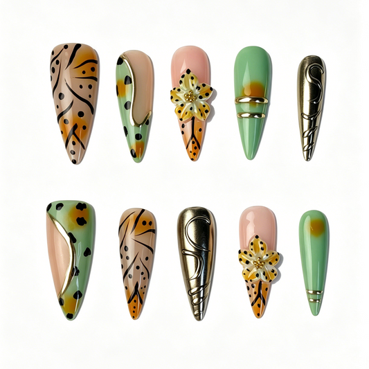 Long Stiletto Press On Nails, Retro Leopard 3D Floral Gold Line Metal Fake Nail Set