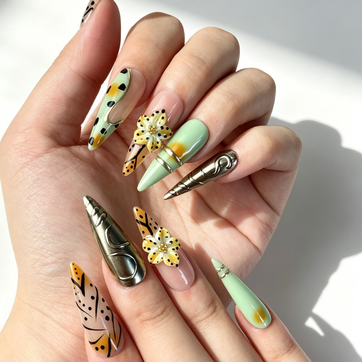 Close Up Nail Art, 3D Leopard Print Flower Gold Line Metal Decor
