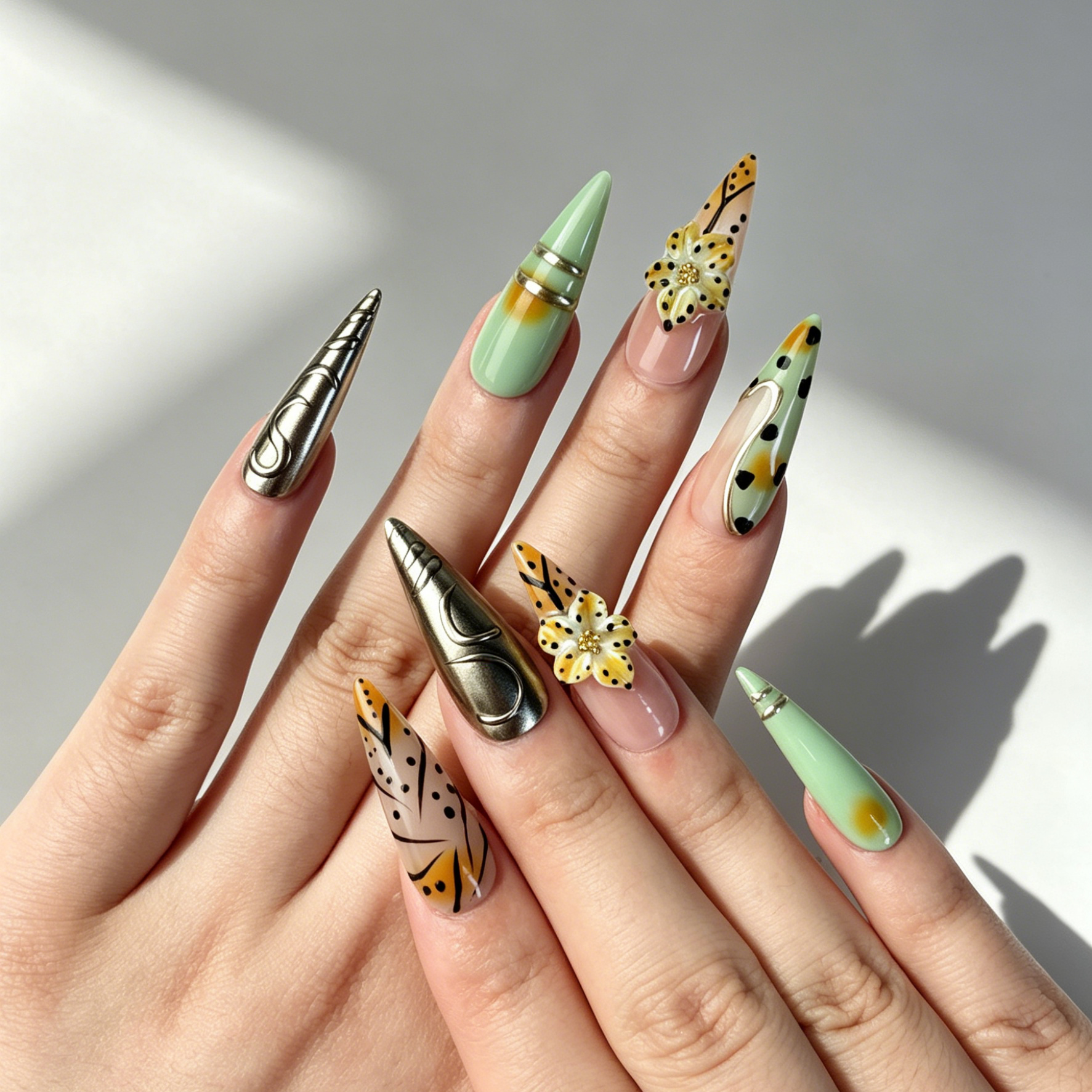 Vintage Leopard Press On Nails, Green Nude Gradient Flower Metal Nails on Hand