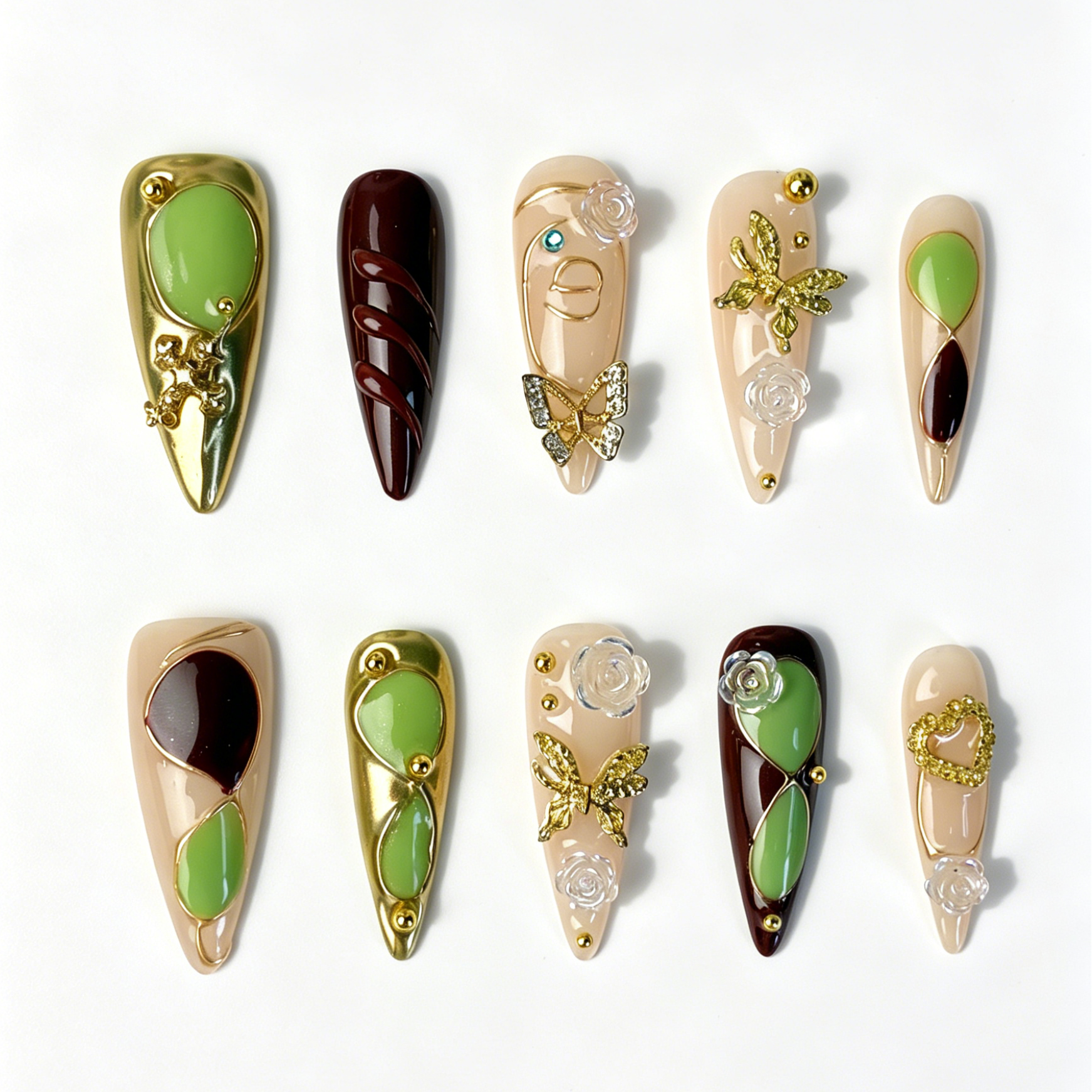 Long Stiletto Press On Nails, Retro Green Brown Gold Butterfly Rose Metal Fake Nail Set