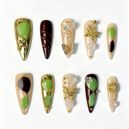 Long Stiletto Press On Nails, Retro Green Brown Gold Butterfly Rose Metal Fake Nail Set