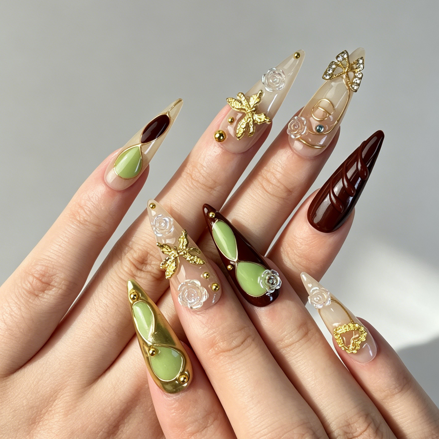 Vintage Elegant Press On Nails, Nude Green Brown Butterfly Rose Metal Nails on Hand