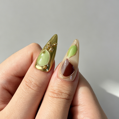 Retro Gold Butterfly Floral Press On Nails, Long Stiletto Nude Fake Nails