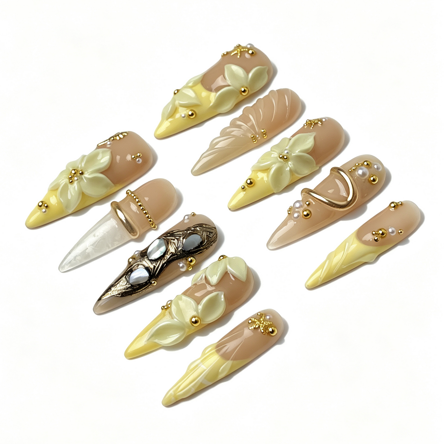 Cream Bloom minimalist fake nail set, sheer cream nude base, embossed wave texture, ivory floral and vintage silver print details