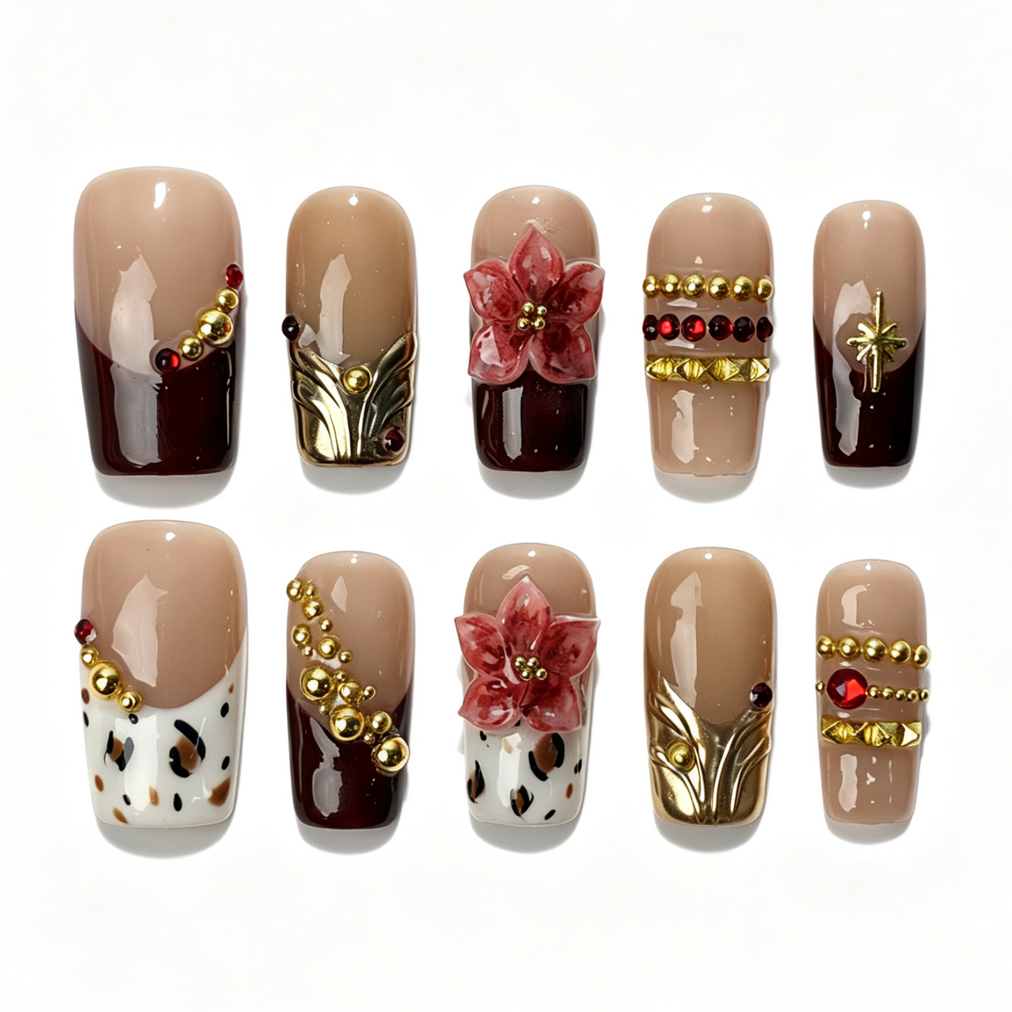Burgundy Leopard autumn fake nail set, sheer nude burgundy french base, classic leopard pattern, sculpted pink floral and gold metal details