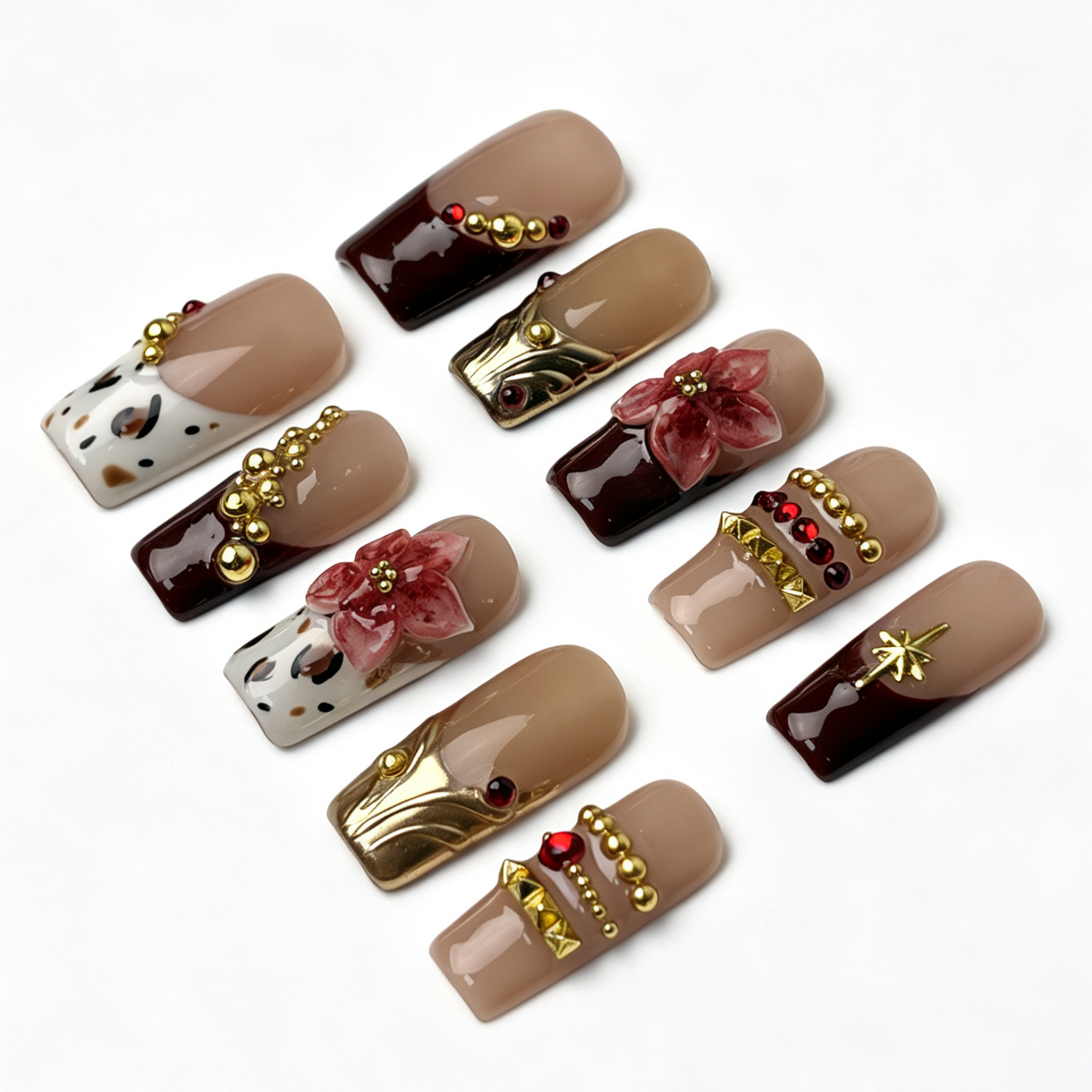 Burgundy Leopard medium square press on nails, nude burgundy french tip with leopard print, pink flower, gold bead and red rhinestone decor
