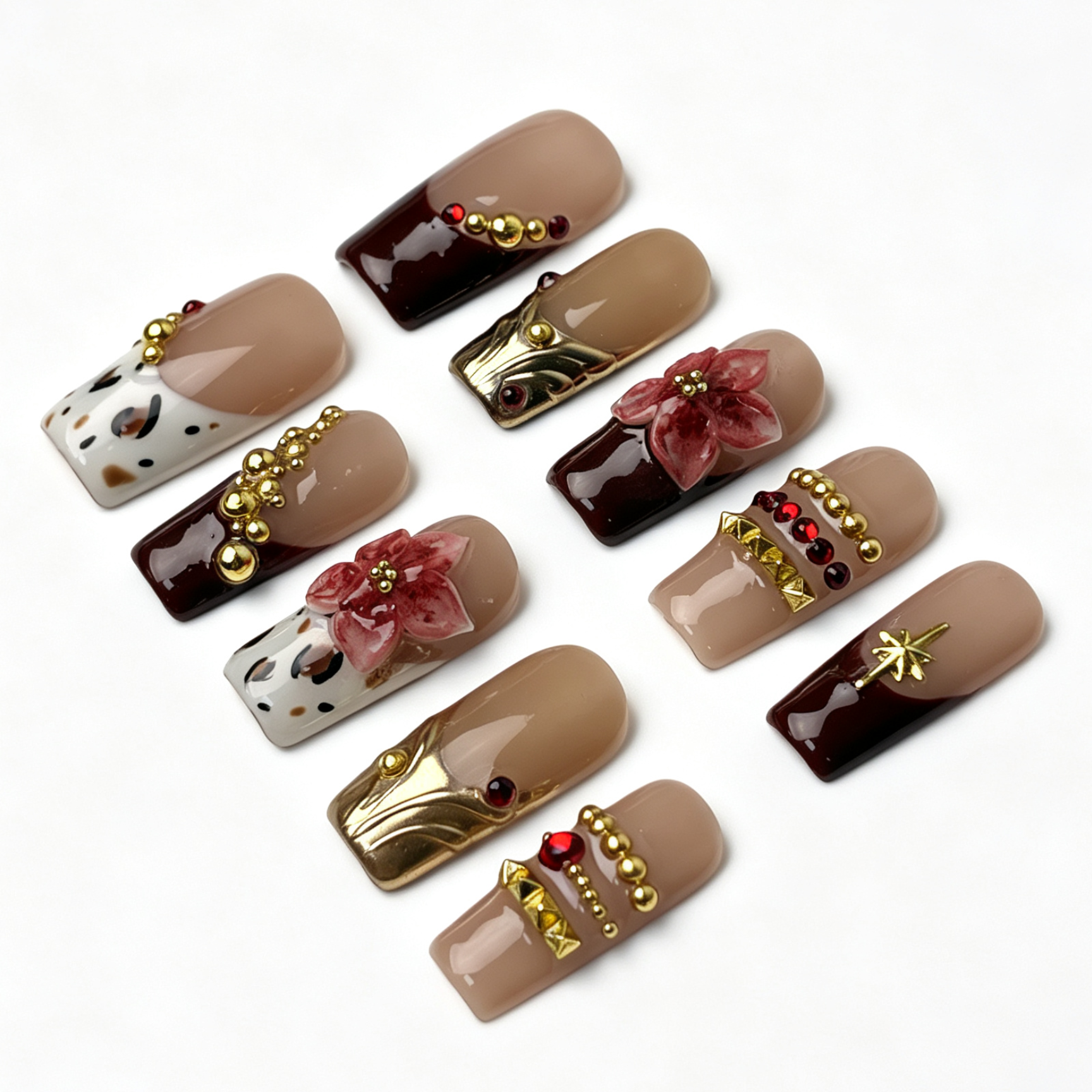 Burgundy Leopard medium square press on nails, nude burgundy french tip with leopard print, pink flower, gold bead and red rhinestone decor