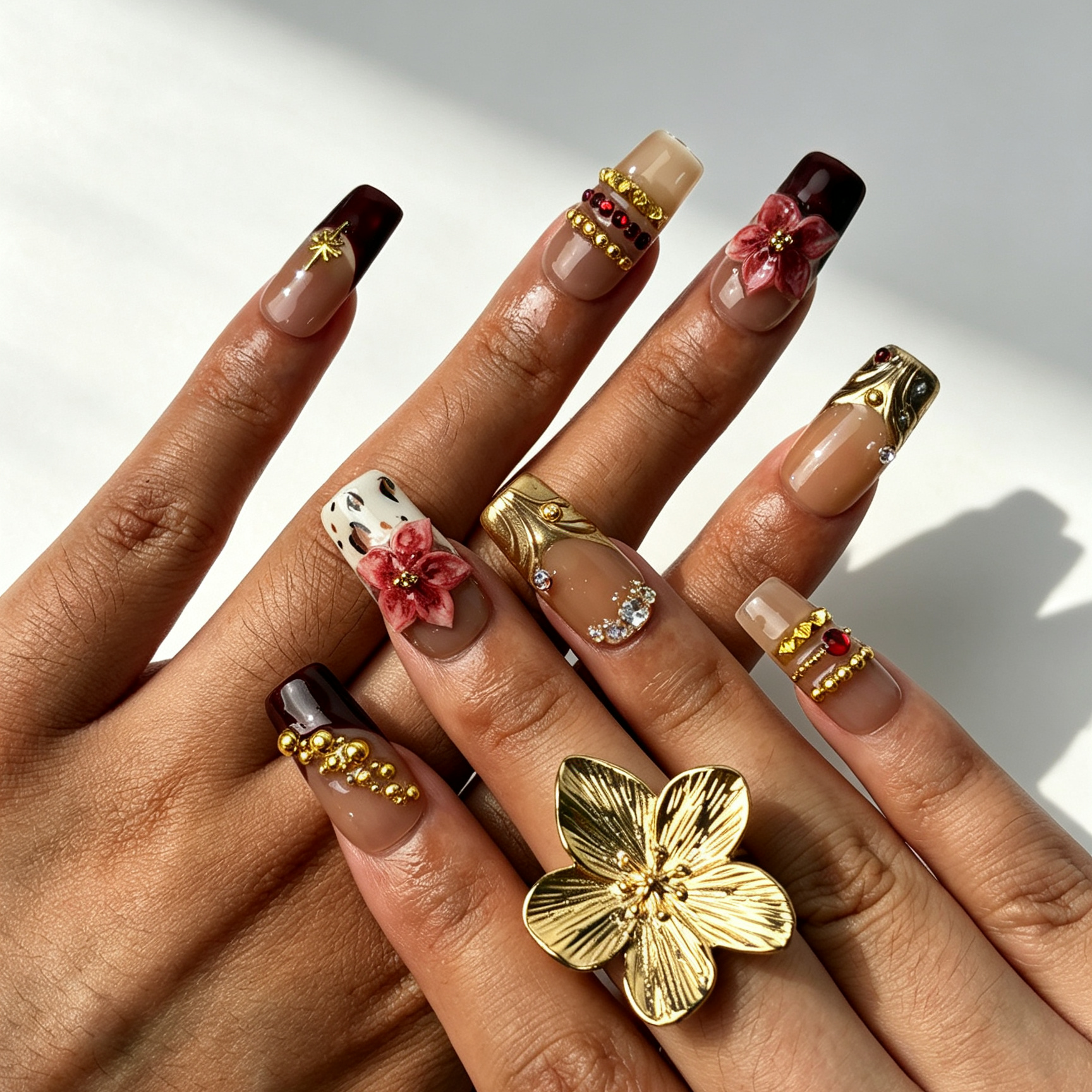 Burgundy Leopard burgundy french square press on nails worn on hand, leopard print pink flower retro autumn party nail art