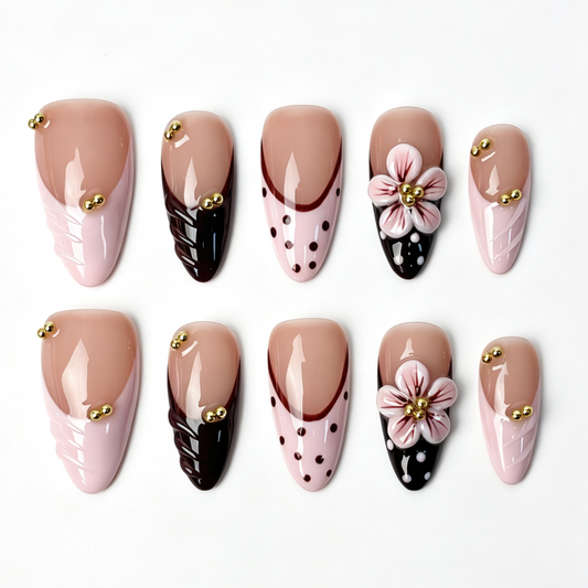 Medium almond press‑on nails, blush wavy french wine spot pink flower gold bead romantic fake nails