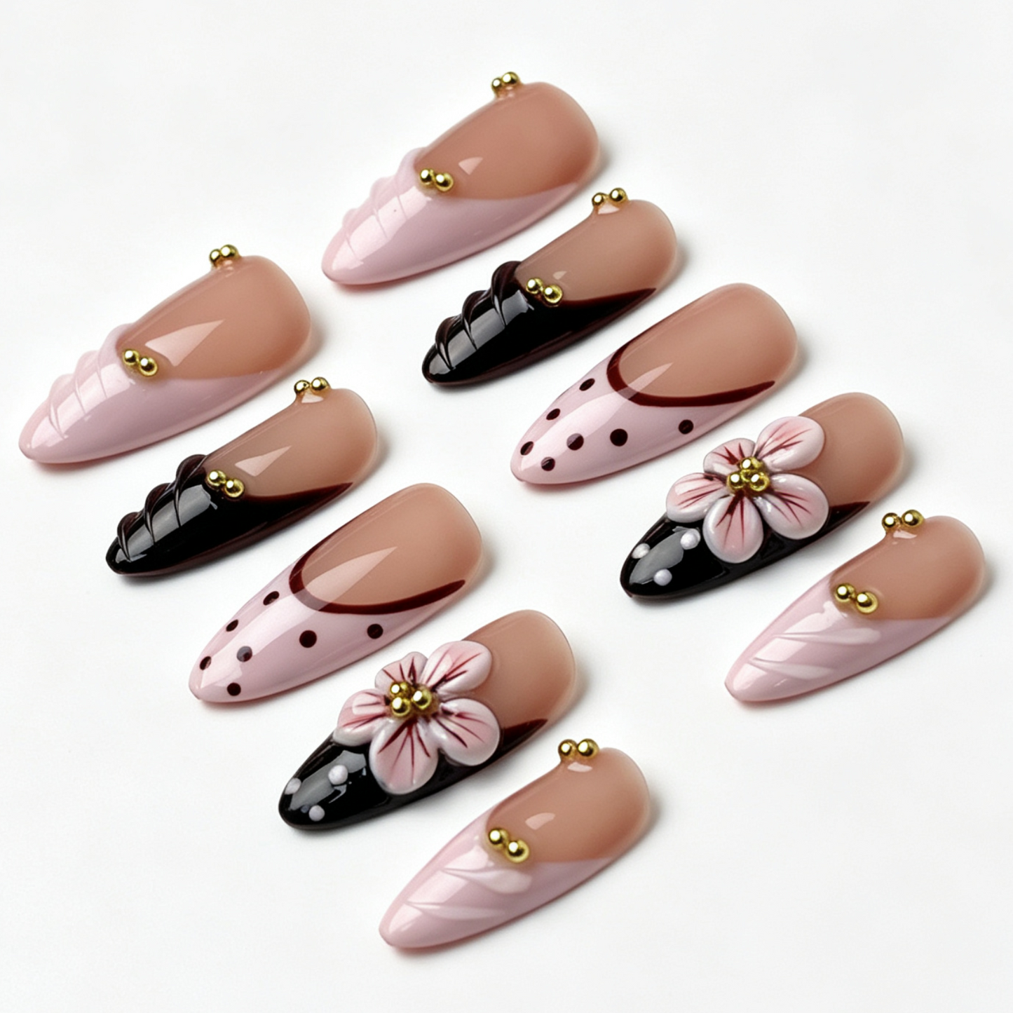 Blush Wine spring fake nail set, sheer nude blush base, spotted pattern, sculpted pink floral and gold bead embellishments