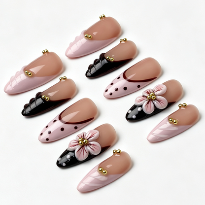 Blush Wine spring fake nail set, sheer nude blush base, spotted pattern, sculpted pink floral and gold bead embellishments