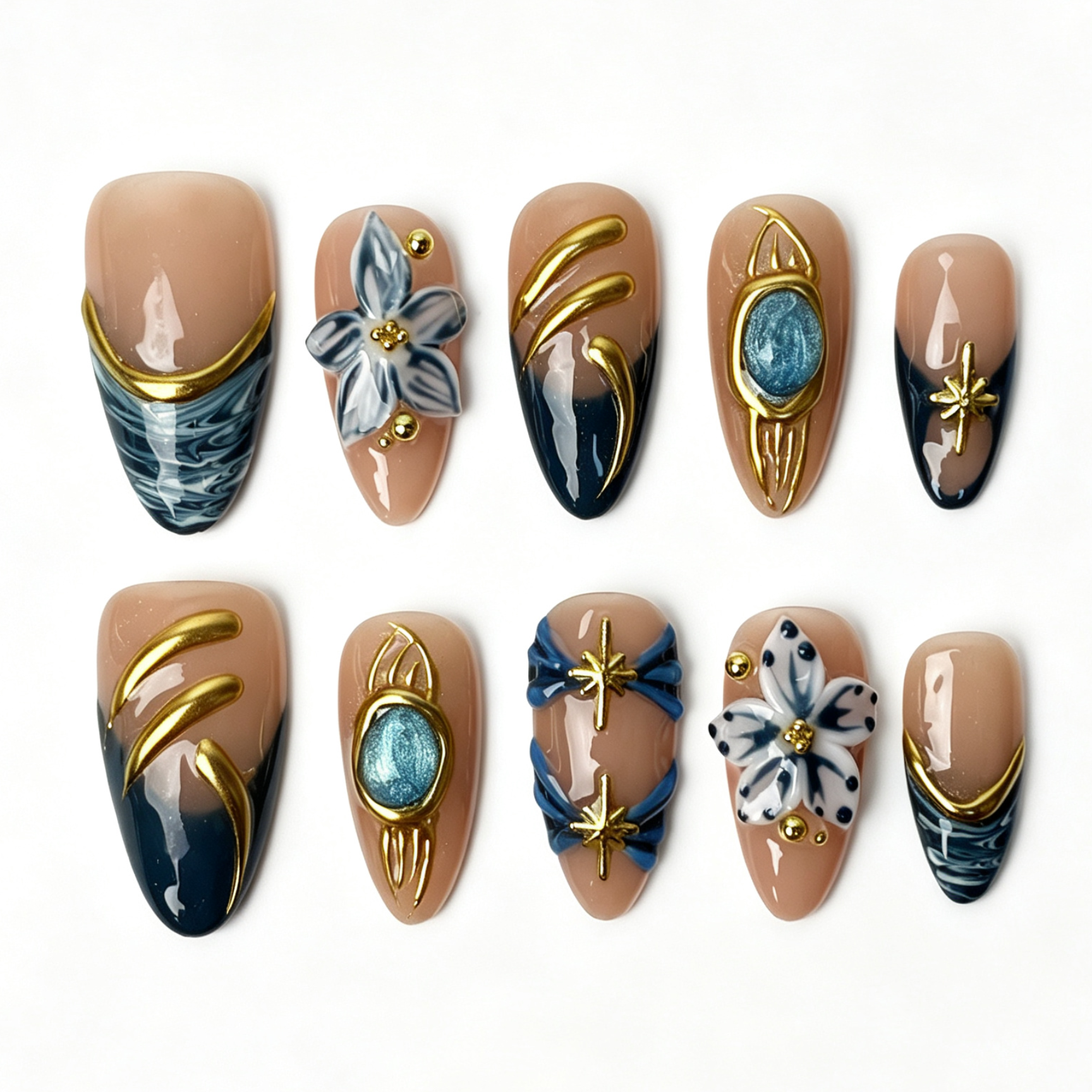 Jade Filigree medium almond press on nails, nude base aqua cat eye with gold filigree, star ornament and blue 3D flower rhinestone decor