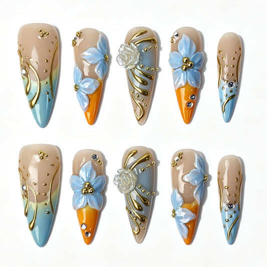 Long stiletto press‑on nails, citrus aqua gradient 3D blue flower gold swirl rhinestone fake nails