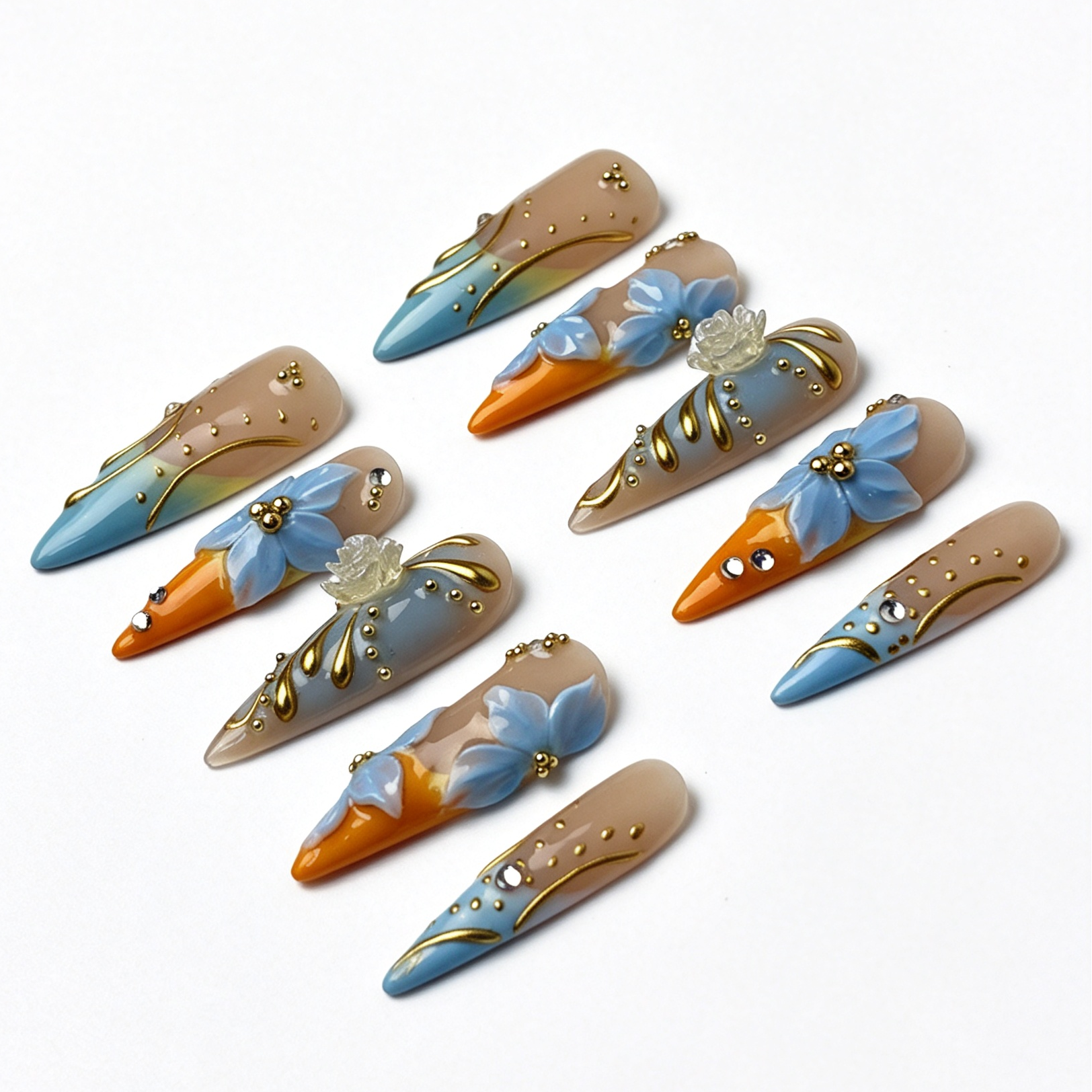 Citrus Aqua salon-grade long stiletto nail set, summer citrus gradient with 3D light blue floral and golden swirl accents