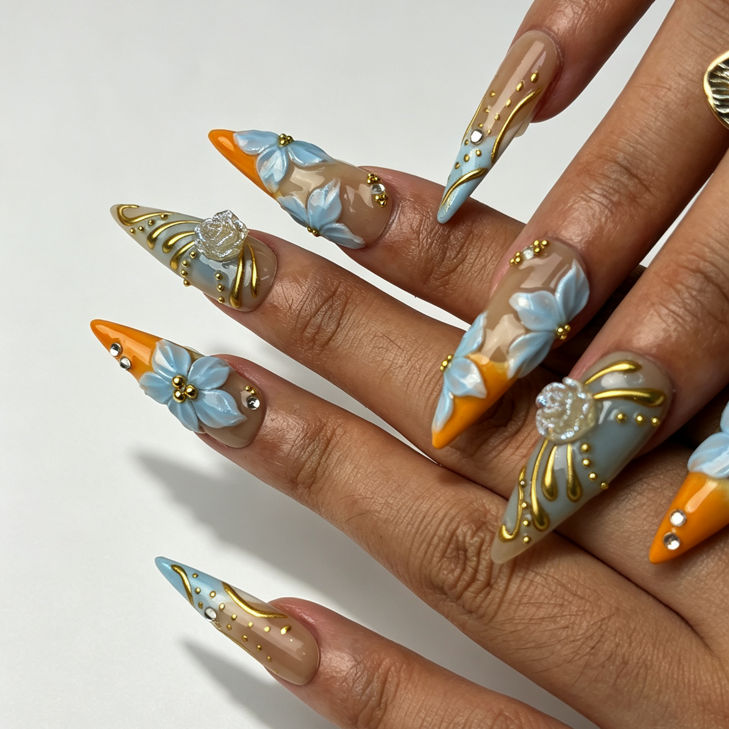 Citrus Aqua summer wearable stiletto nails on fingers, citrus aqua dual gradient with sculpted light blue flower decor