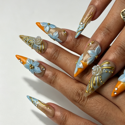 Citrus Aqua summer wearable stiletto nails on fingers, citrus aqua dual gradient with sculpted light blue flower decor