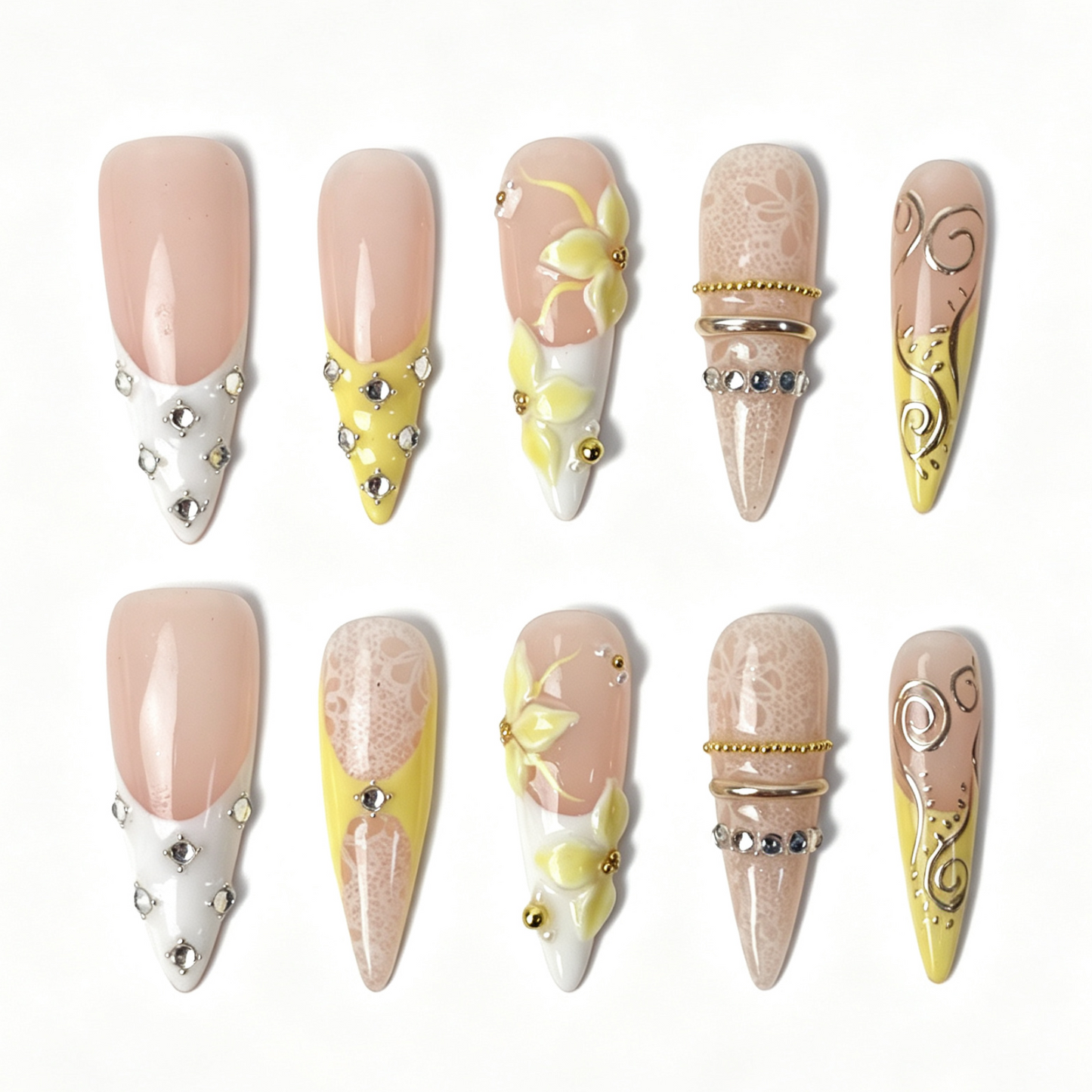Lemon Lace salon-grade long stiletto nail set, spring lace floral design with pale yellow 3D blooms and cluster clear rhinestones