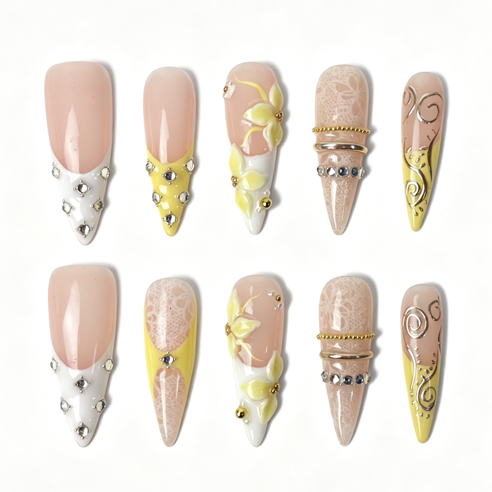Lemon Lace salon-grade long stiletto nail set, spring lace floral design with pale yellow 3D blooms and cluster clear rhinestones