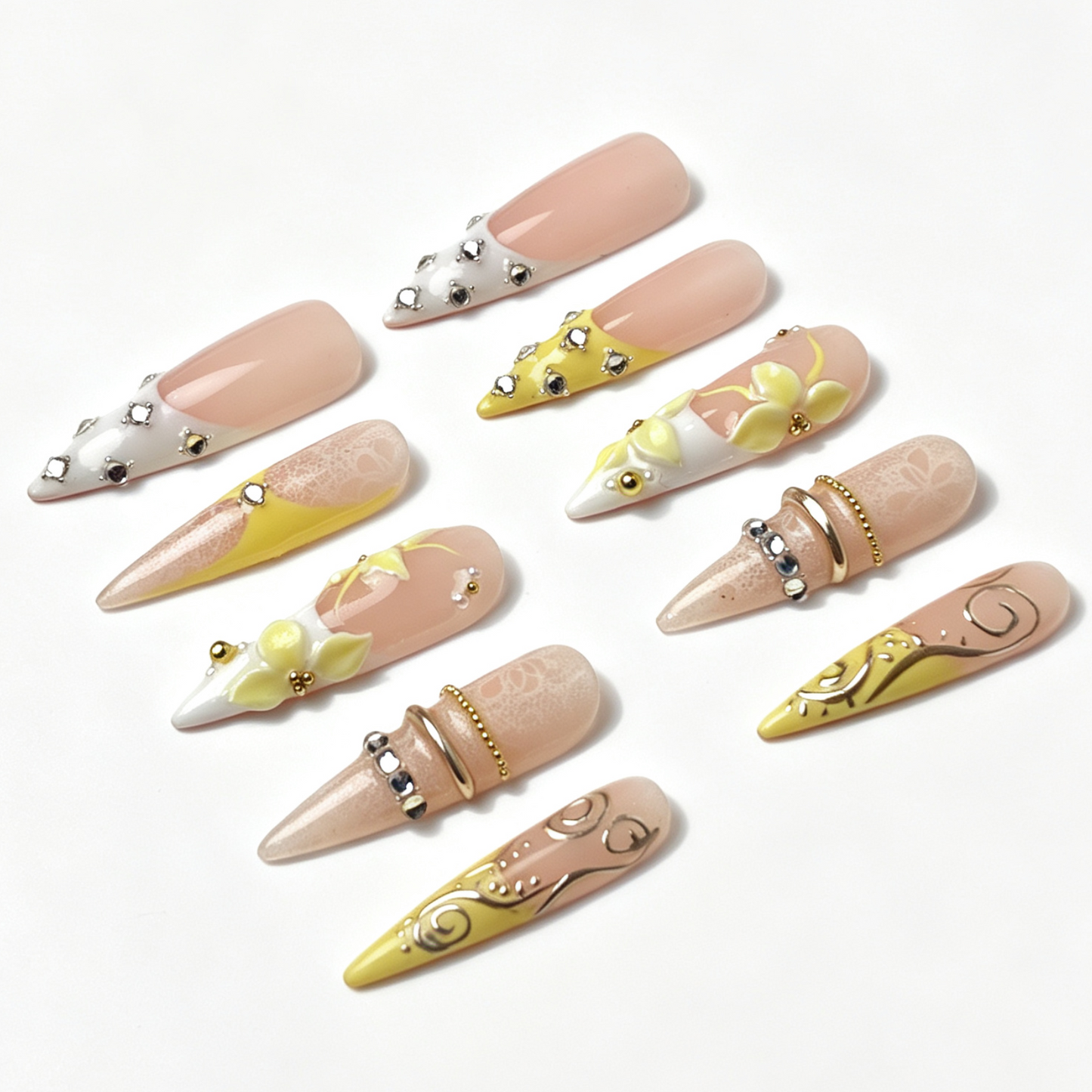 Lemon Lace handmade reusable stiletto nails, pastel yellow french tip, lace pattern, yellow flower and silver swirl embellishments