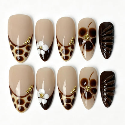 Handmade almond press on nails, sheer nude caramel brown leopard French tip 3D white flower vintage false nails for women