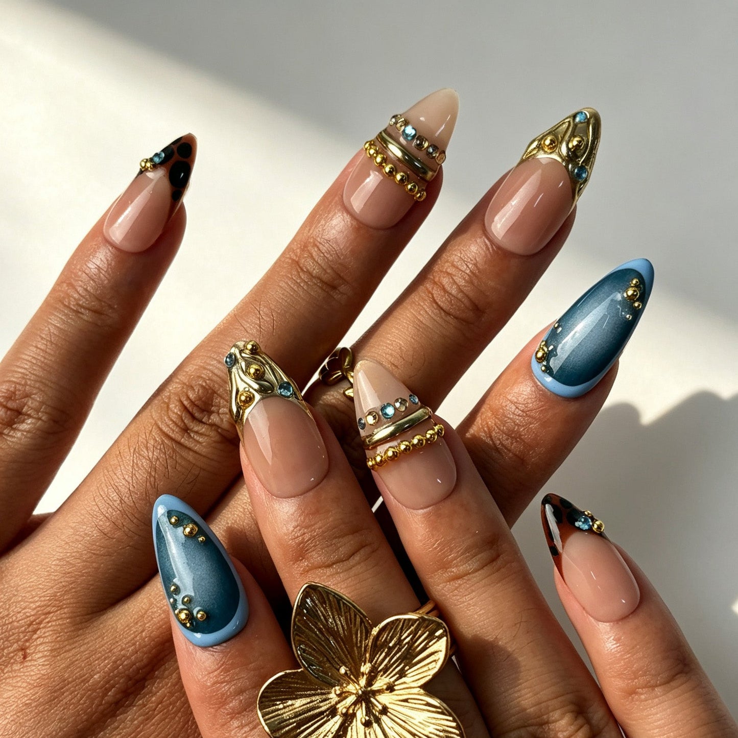Glamour vintage cobalt luxe press‑on nails, medium almond cat‑eye leopard false nails for party