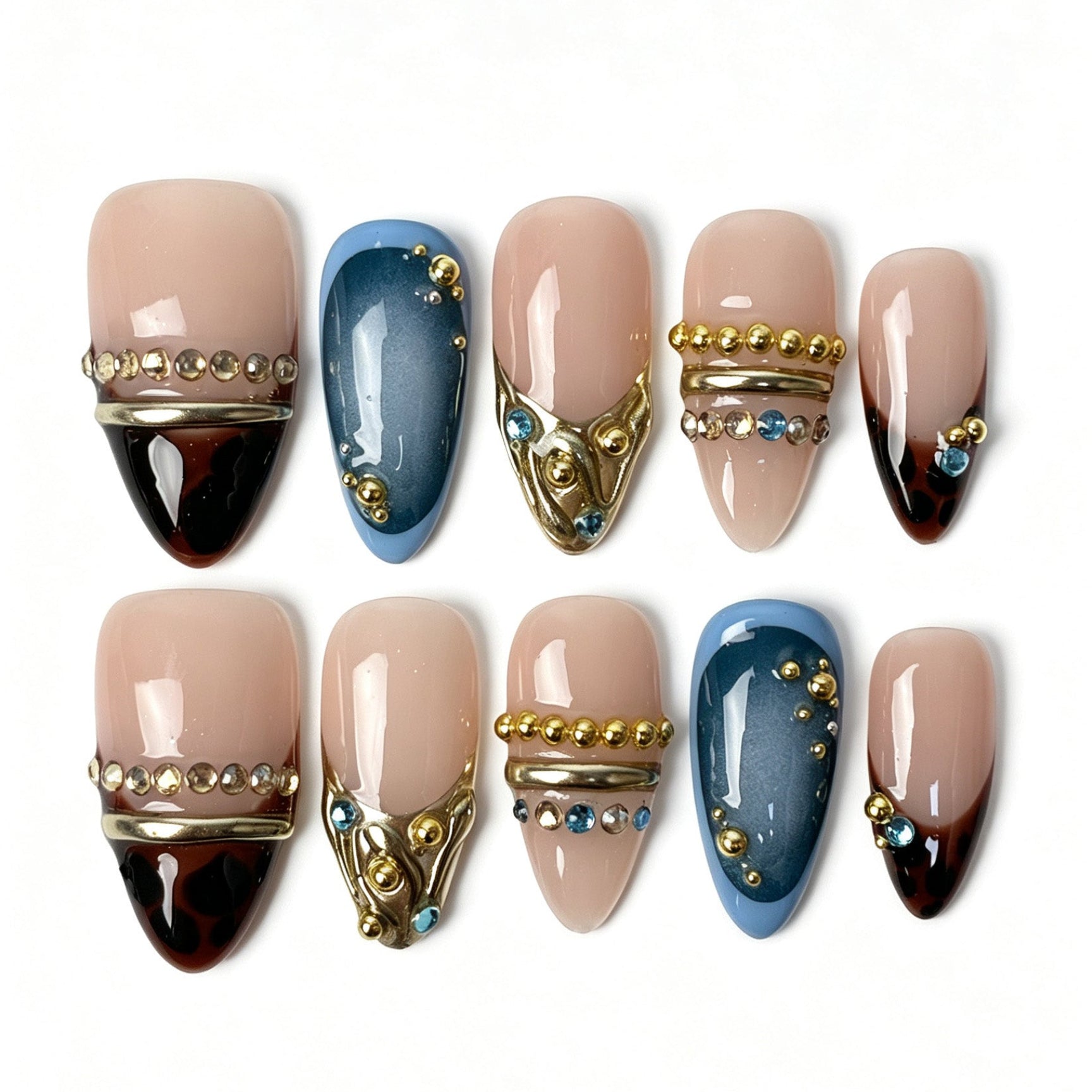 Blue‑grey cat‑eye almond press on nails, vintage leopard French fake nails with gold studs and rhinestones