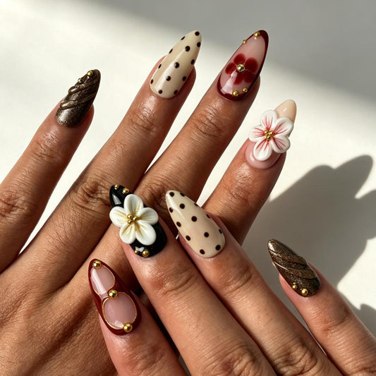 Cocoa Dot polka‑dot floral press‑on nails hand manicure view