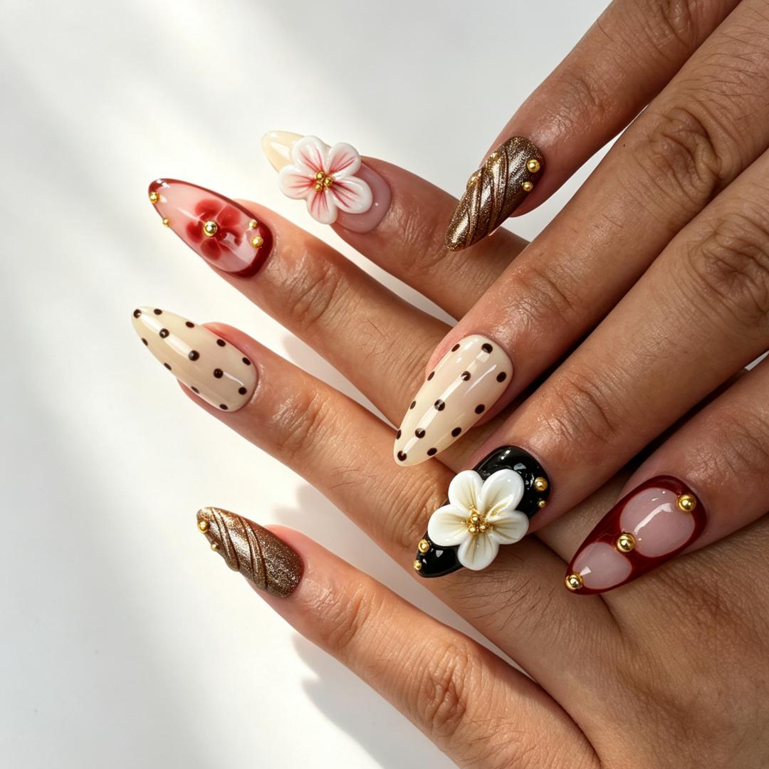 Cocoa Dot mocha brown gradient almond press on nails worn on hand, polka dot floral retro autumn nail art