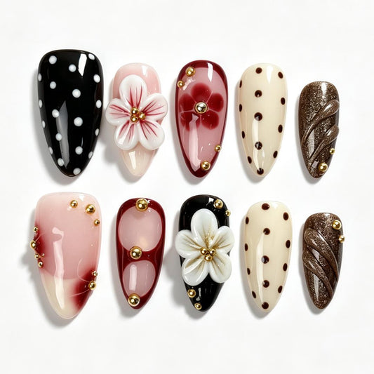 Cocoa Dot almond press‑on nails, polka dot 3D flower gold bead handmade fake nails
