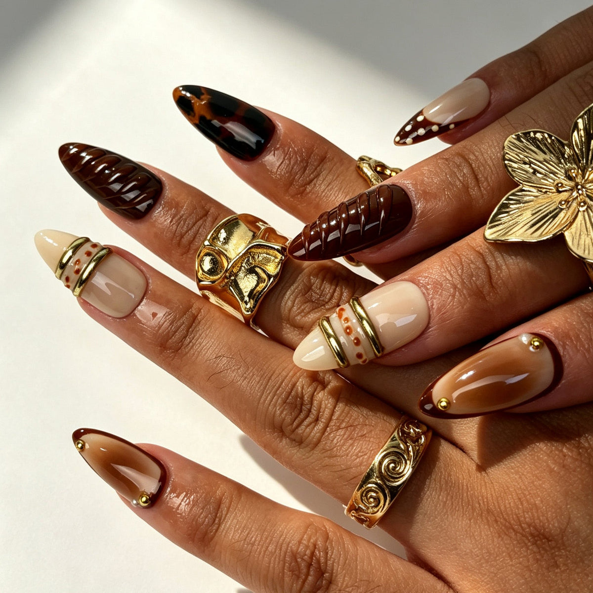 Cocoa Tortoise handmade almond press on nails, warm retro tortoiseshell chocolate French nail art on hand