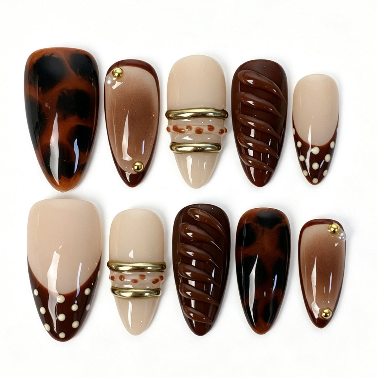 Handmade almond press on nails, nude beige tortoiseshell marbling chocolate French tip gold band retro false nails for women