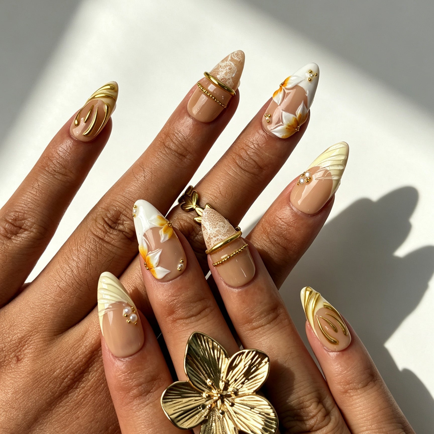 Aureate Ivory handmade press‑on nails real hand close‑up view