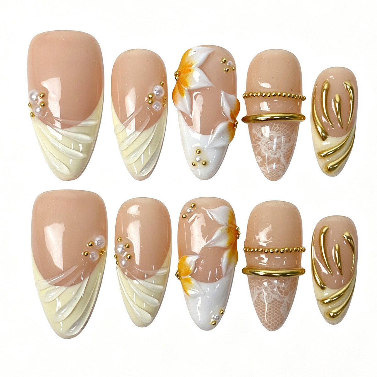 Aureate Ivory almond press‑on nails gold frame pearl minimalist banquet manicure