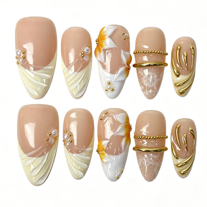 Aureate Ivory almond press‑on nails gold frame pearl minimalist banquet manicure