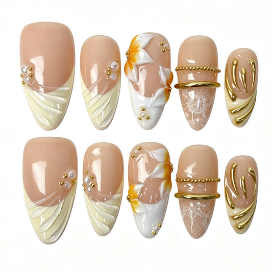 Aureate Ivory almond press‑on nails gold frame pearl minimalist banquet manicure