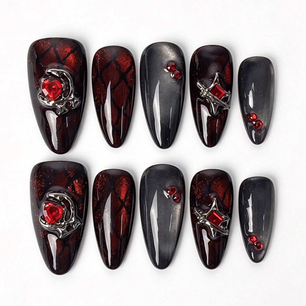 Crimson Bat handmade almond press on nails, black red cat eye bat wing web silver charm gothic Halloween false nails