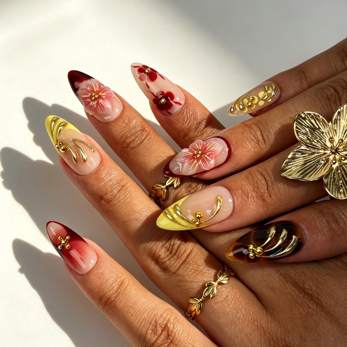 Retro oriental crimson glow press‑on nails,medium almond shape sakura floral false nails for special occasion