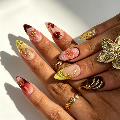 Retro oriental crimson glow press‑on nails,medium almond shape sakura floral false nails for special occasion