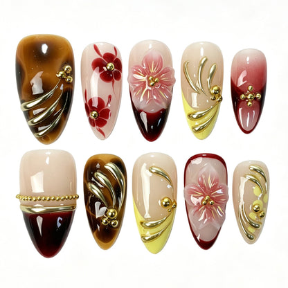 Wine red ombre almond press on nails,3D sakura amber tortoiseshell handmade fake nails with gold swirl