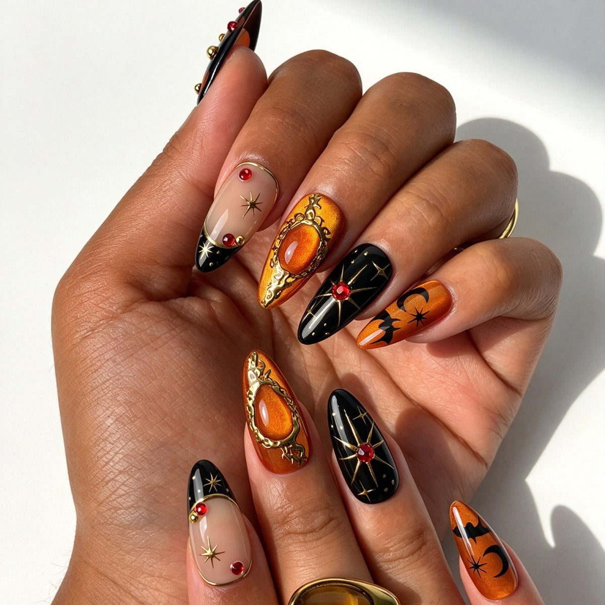 Handcrafted almond press on nails, luxe gothic Halloween nail design for costume parties and events
