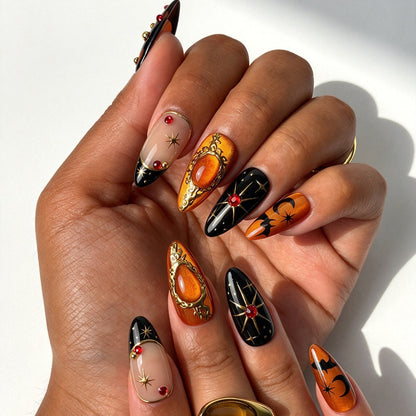 Handcrafted almond press on nails, luxe gothic Halloween nail design for costume parties and events