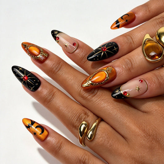 Crimson Nocturne handmade almond press on nails, gothic Halloween butterfly bat nail art on hand