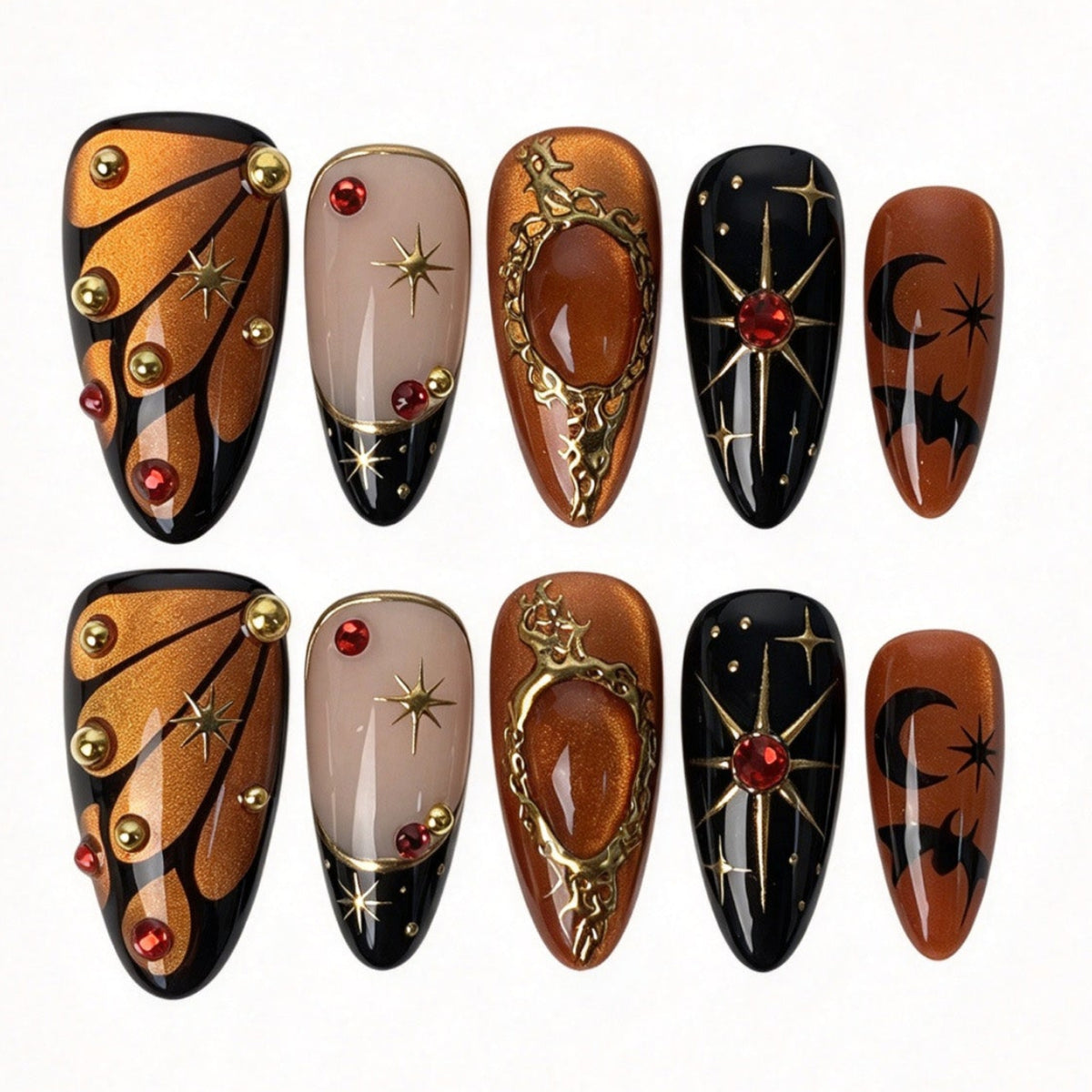 Handmade almond press on nails, orange black gothic Halloween butterfly bat gold starburst red rhinestone false nails