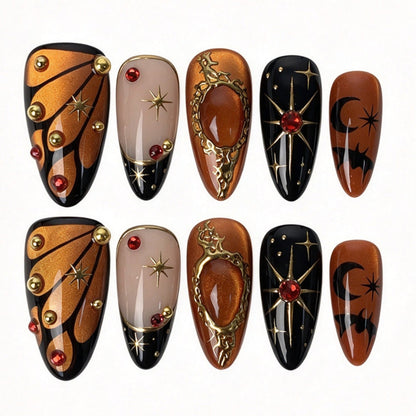Handmade almond press on nails, orange black gothic Halloween butterfly bat gold starburst red rhinestone false nails
