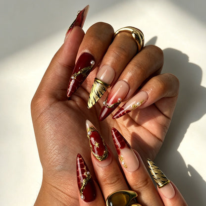Handcrafted stiletto press on nails, luxurious red ombre design for wedding, party and evening occasions