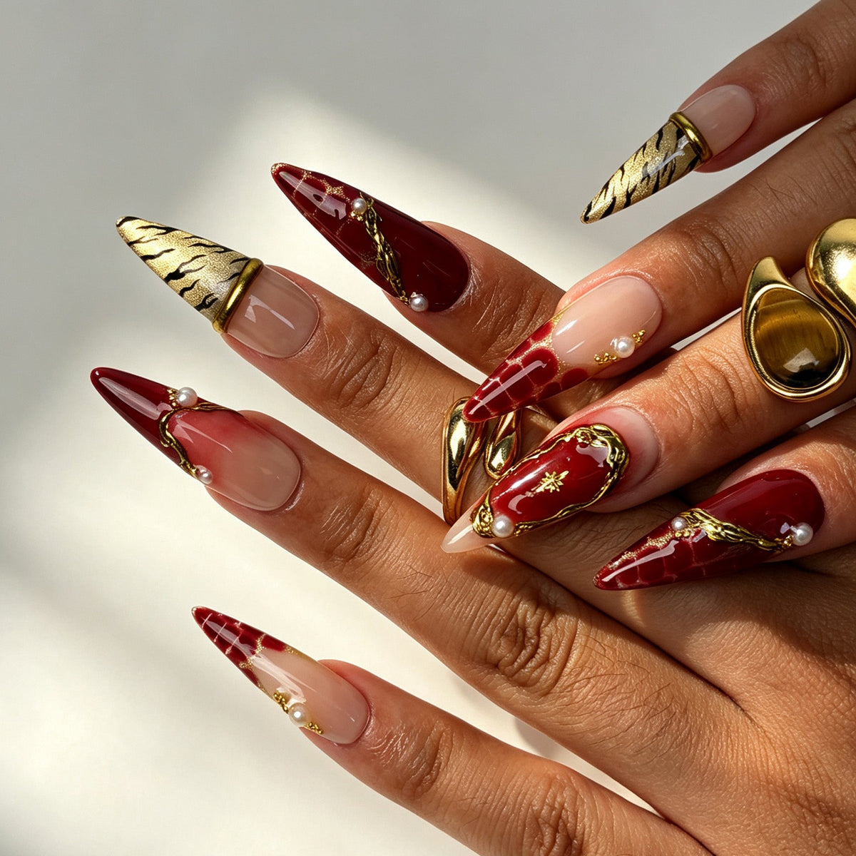 Crimson Pearl handmade stiletto press on nails, lux romantic boho red ombre nail art on hand