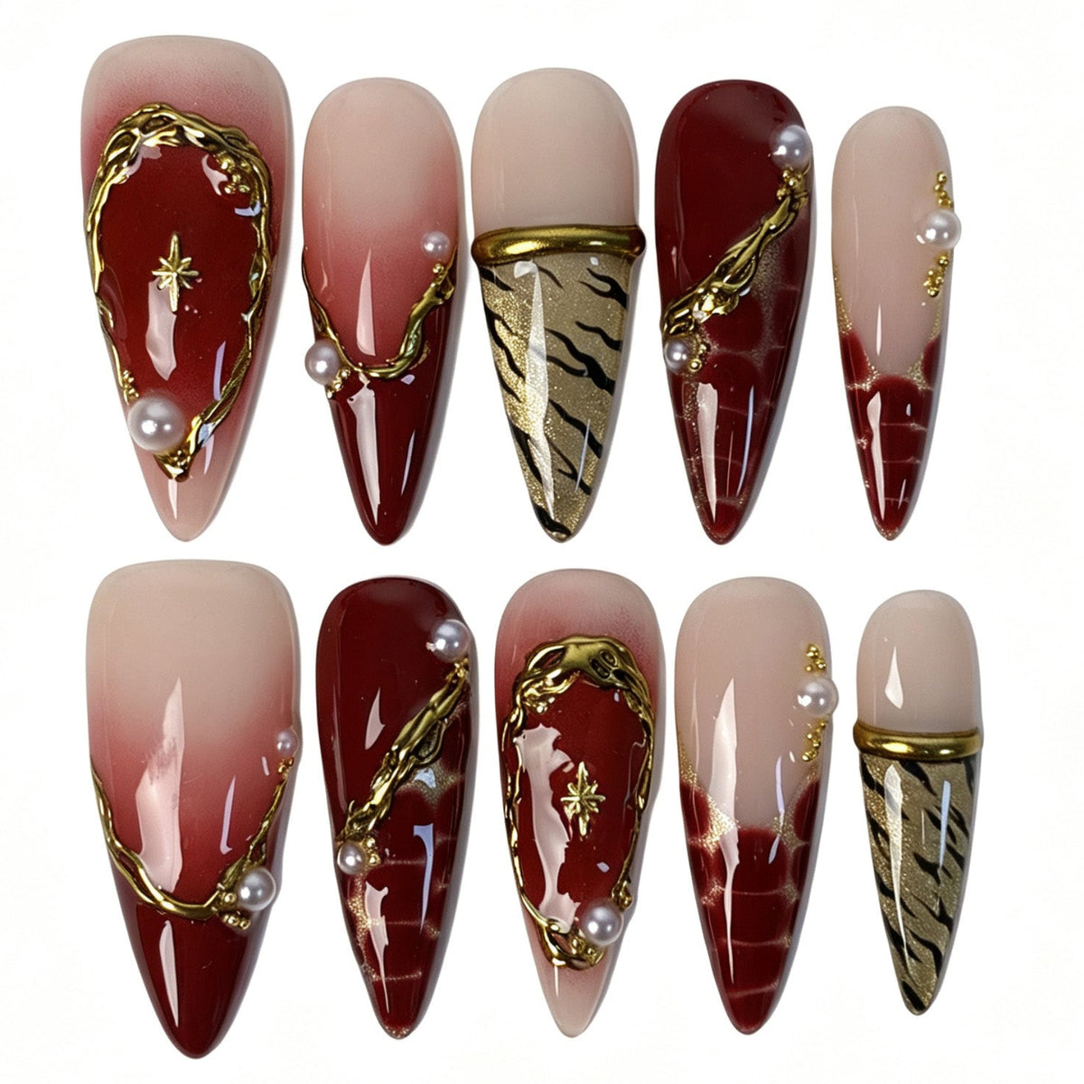 Handmade stiletto press on nails, nude red ombre gold metal trim pearl ornament tiger print cracked texture romantic false nails for women