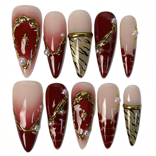 Handmade stiletto press on nails, nude red ombre gold metal trim pearl ornament tiger print cracked texture romantic false nails for women